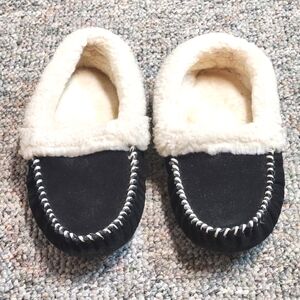Pajama Party Black Suede Moccasin Slippers 7